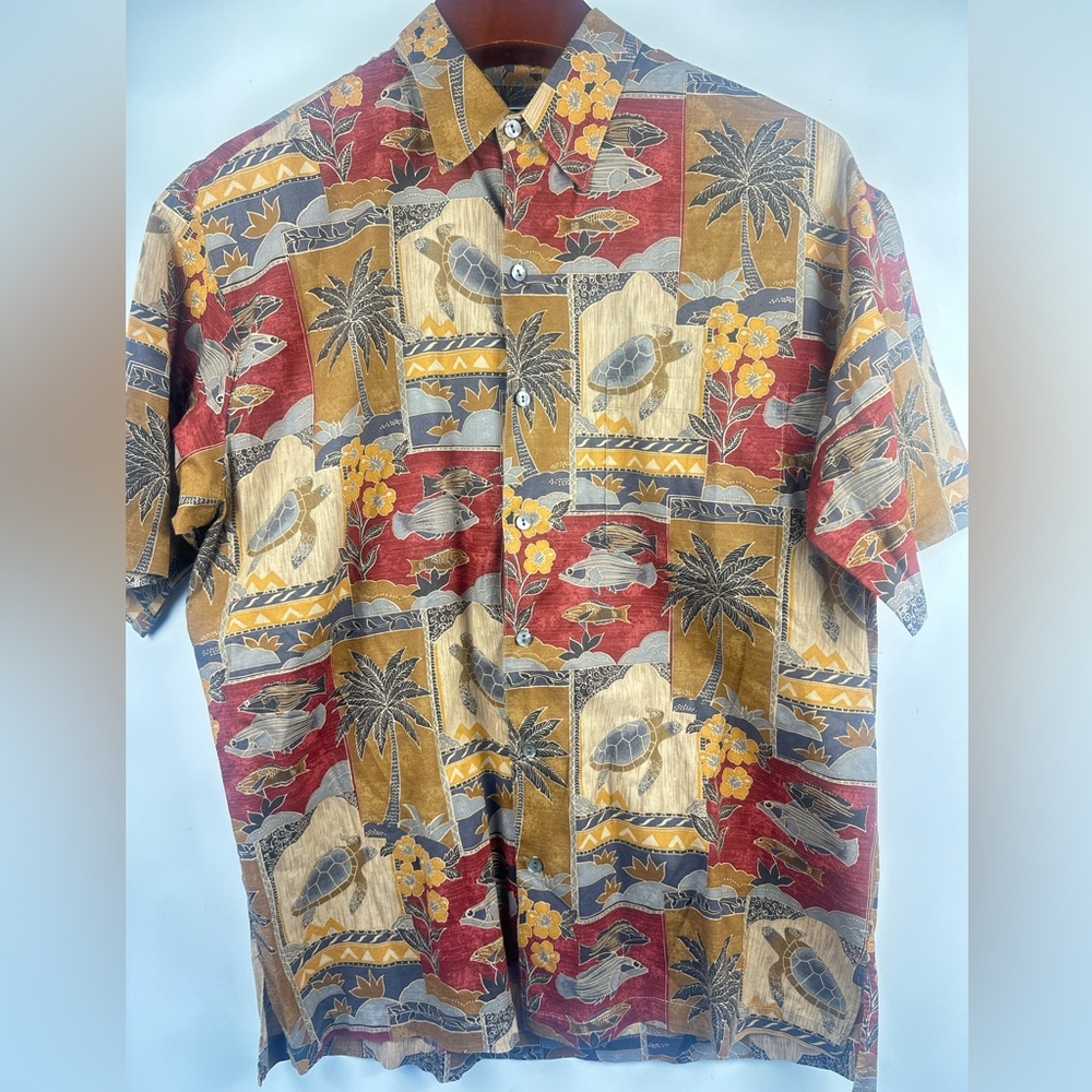 Tori Richard Hawaiian Aloha Turtle Fish Short Sleeve Button Up Cotton Shirt Sz M